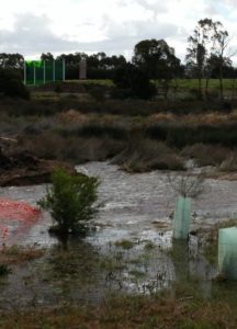 Creek bursting through a temporary dam wall due to rising water levels after rain